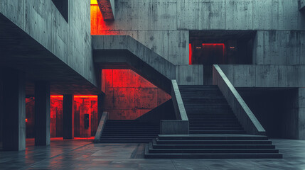 Brutalist architecture with concrete stairs and walls illuminated by dramatic red lights