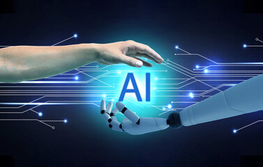 AI abbreviation between human hand and robot arm on dark background with circuit board pattern