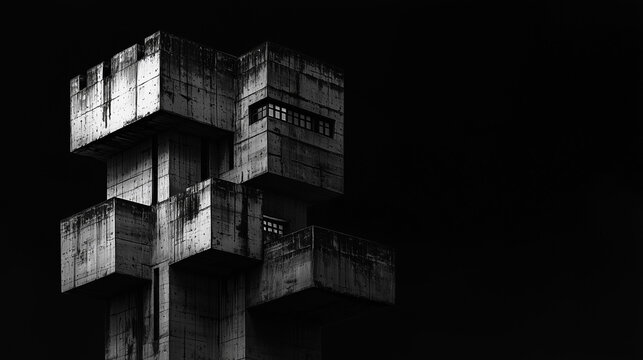 Abstract black and white shot of a brutalist concrete structure with strong geometric forms