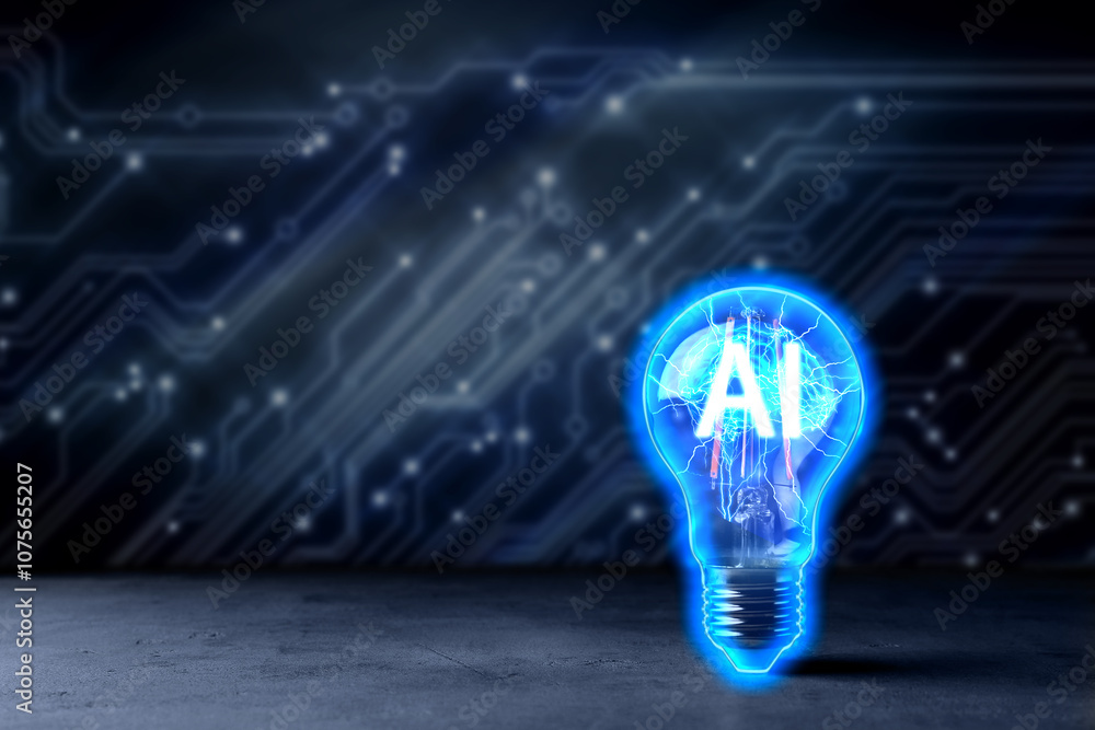 Aufkleber ai abbreviation and illustration of brain in light bulb against dark background with electronic circ