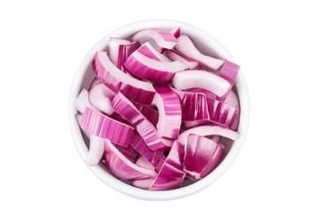 Red onion slices in ceramic bowl isolated on a white background. Top view. Flat lay