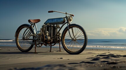 Fototapeta premium A photo of a racing bicycle and motorcycle on a beach