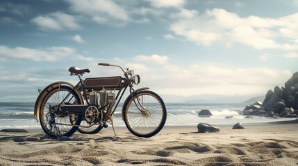 Obraz premium A photo of a racing bicycle and motorcycle on a beach