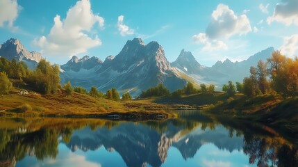 Naklejka premium Peaceful mountain landscape calm lake reflecting blue sky image