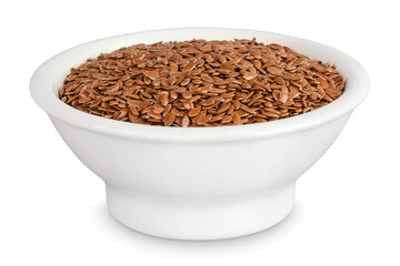 flaxseed in ceramic bowl isolated on white background. Top view. Flat lay