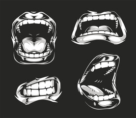 Open-mouth expressions on dark background
