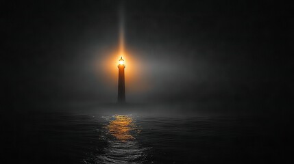  A lighthouse pierces through a foggy night's veil, its beam guiding ships safely