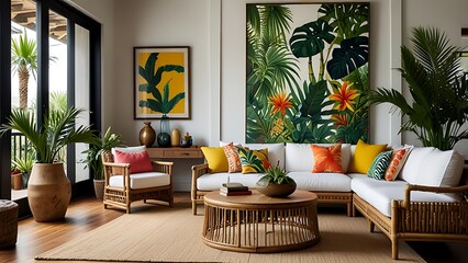 Modern relaxing home interior design with greenery and relaxation for mind.wooden interior design.Transform your living space into a vibrant tropical retreat where lush greenery meets organic textures