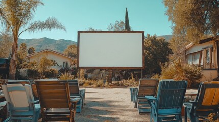 An outdoor movie theater with a blank screen and rows of chairs in a picturesque setting.