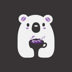 Bear with a cup of coffee, a sprig of lavender, enjoying coffee, logo, vector illustration