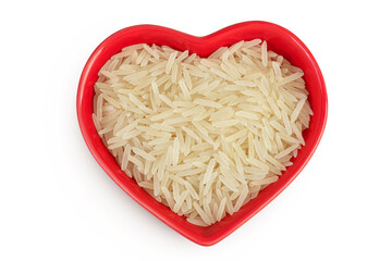 rice basmati in a ceramic bowl isolated on white background. Top view. Flat lay