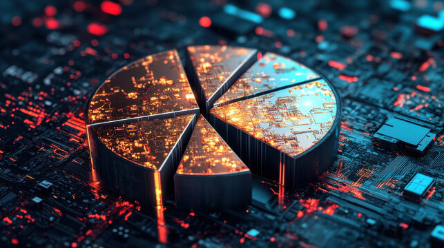 A glowing, metallic pie chart on a circuit board backdrop symbolizes data analysis and technology integration.