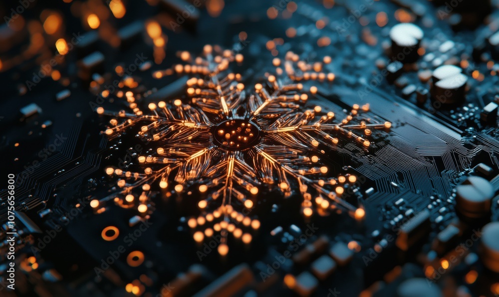 Poster circuit board snowflake design with glowing elements and intricate patterns