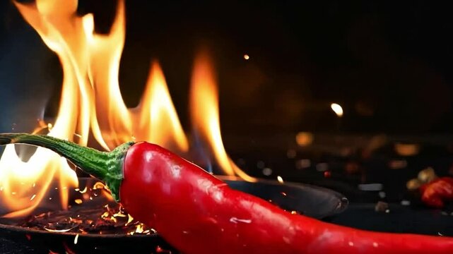 A vibrant red chili pepper surrounded by flames and sparks, showing heat and spice. Ideal for food-related content, culinary imagery, and spicy product advertising. Generative AI