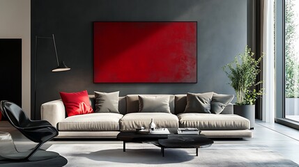 Stylish modern living room with sunlight and cozy sofa image