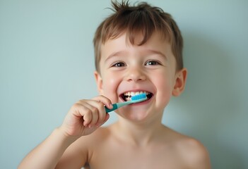 Little boy brushing his teeth with a toothbrush