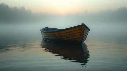 Obraz premium A boat floats atop a watery expanse during a foggy morning surrounded by tree-lined backdrop