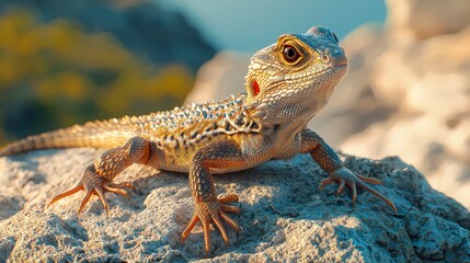 Fototapeta premium Lizard basking on a sunlit rock near a tranquil body of water during golden hour