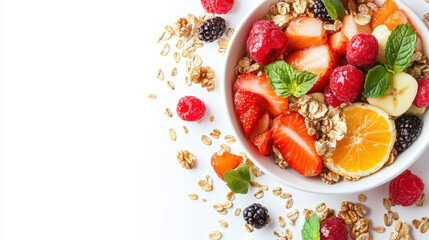 Dry breakfast with fruits on white background