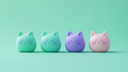 Four pastel-colored kawaii cat-shaped hard candy sweets symmetrically arranged in a row against a soft mint green background. Cute dessert concept.