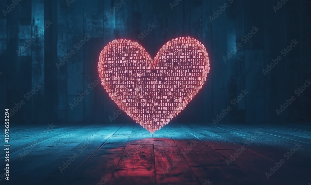 Poster digital heart shape made of binary code, glowing in dark wooden environment