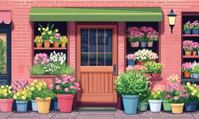 Colorful flower shop entrance with vibrant plants and flowers