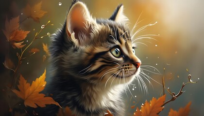 Cute Kitten in Autumn Leaves