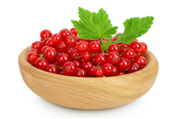 Red currant berries in a wooden bowl isolated on white background