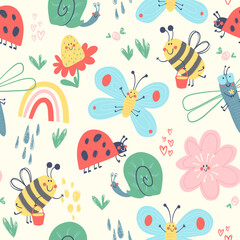 Vector pattern with happy baby bugs