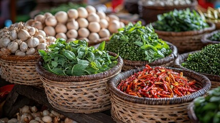 Fototapeta premium Vibrant display of fresh herbs and vegetables at a local market in the afternoon sun