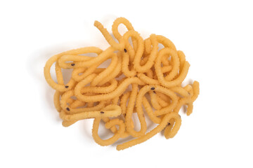 Traditional South Indian crunchy murukku snack isolated on white background. Top view.