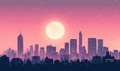 Fototapeta premium City skyline at sunset with full moon and stars, vibrant colors, urban landscape