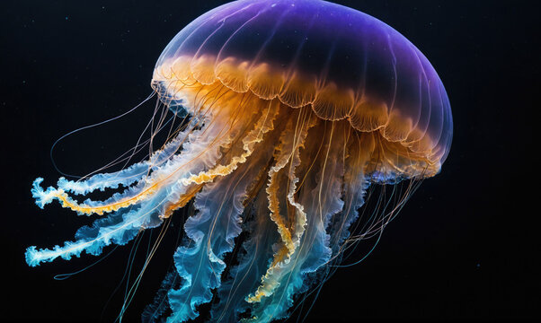A vibrant jellyfish with orange and blue tentacles floats in the dark water - Powered by Adobe