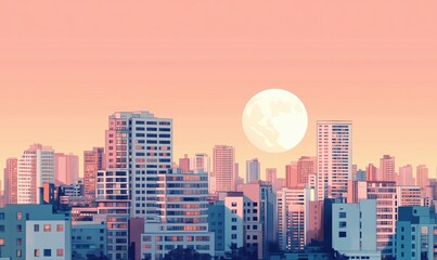 Fototapeta premium City skyline at sunset with large moon, modern buildings, pastel colors