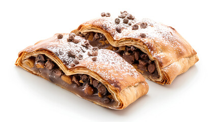 Delicious strudel with tasty filling isolated on white, top view