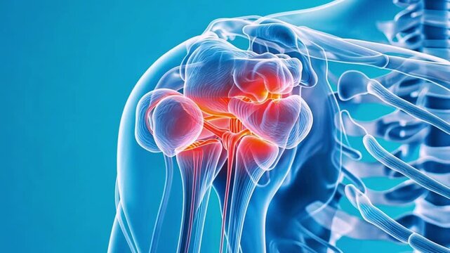 Transparent shoulder joint with highlighted pain area on blue background. Medical anatomy concept illustration.