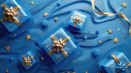 Blue gift with golden bow and ribbon placed on blue background near stars, Christmas festival concept.