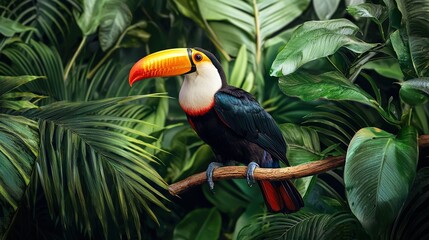 Obraz premium A vibrant toucan perched on a verdant tree branch in a lush tropical environment, surrounded by emerald foliage and the bright colors of its own plumage