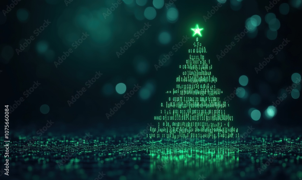 Poster digital christmas tree with binary code and glowing star