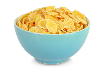 Cornflakes in ceramic bowl isolated on white background.