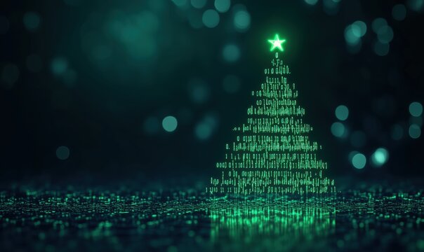 Digital Christmas tree with binary code and glowing star