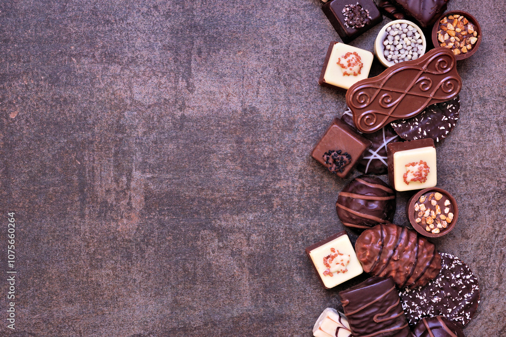 Poster Chocolate side border with an assortment of fine, luxurious sweets. Top view on a dark stone background with copy space.