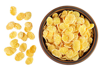Cornflakes in ceramic bowl isolated on white background. Top view. Flat lay