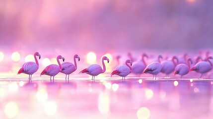 Fototapeta premium Pink flamingos huddled together on water; flamingos in background