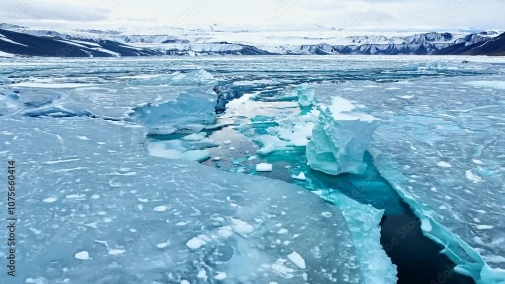 Poster aerial view of a frozen river with glacial ice and rushing water generative ai