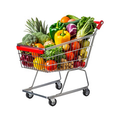 A grocery cart packed with a variety of fruits, vegetables, bottles, and packaged foods for shopping or market themes