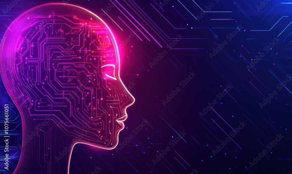 Poster digital face silhouette with circuit patterns and neon colors