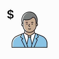 A man wearing a suit and tie with a dollar sign in the background. Concept of professionalism and wealth