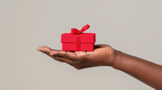A hand presents a small red gift box, embodying the spirit of giving and celebration in a soft grey studio setting