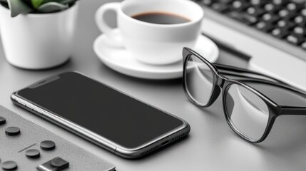 A close-up of a smartphone, glasses, and a cup of coffee on a gray desk.